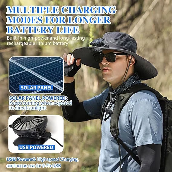 🔥Wide Brim Solar Fan Outdoor Fishing Hat-Solar & USB Charging